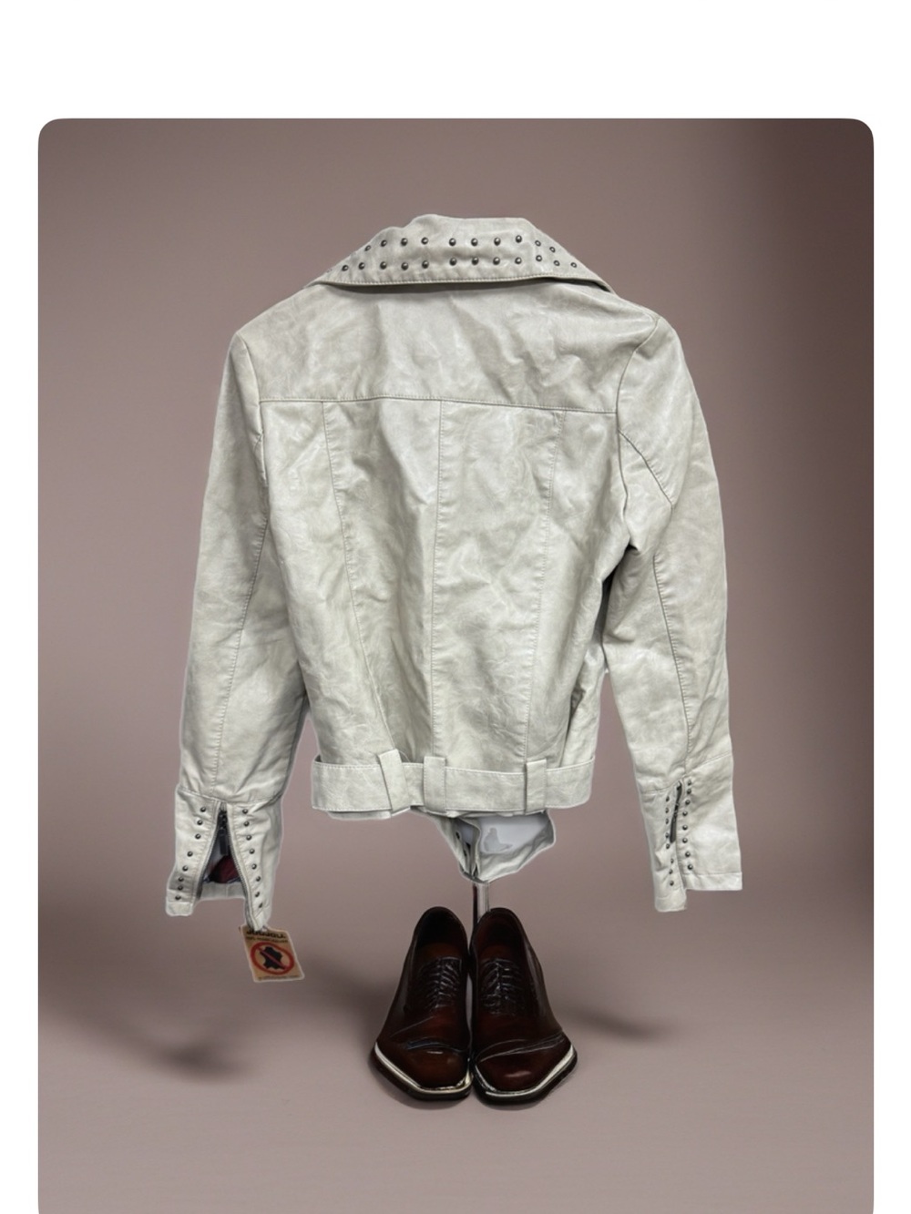 Jou Jou 100% Vegan leather Studded Cream Leather Moto Jacket - Women's - Picture 12 of 12